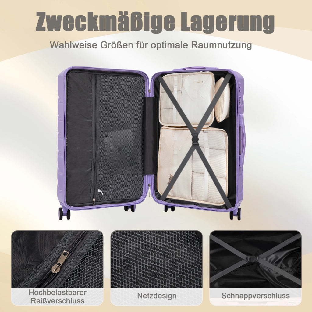 Set di valigie rigide in ABS con trolley a 4 ruote doppie, manico telescopico e borsa cosmetica blu e viola