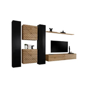 Set di mobili da salotto design SWITCH VI. Colori nero e quercia con finiture lucide nere e quercia effetto fresato.