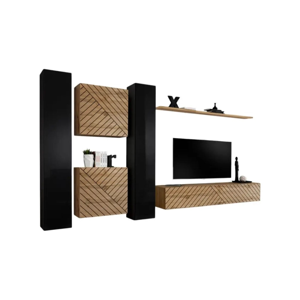 Set di mobili da salotto design SWITCH VI. Colori nero e quercia con finiture lucide nere e quercia effetto fresato.