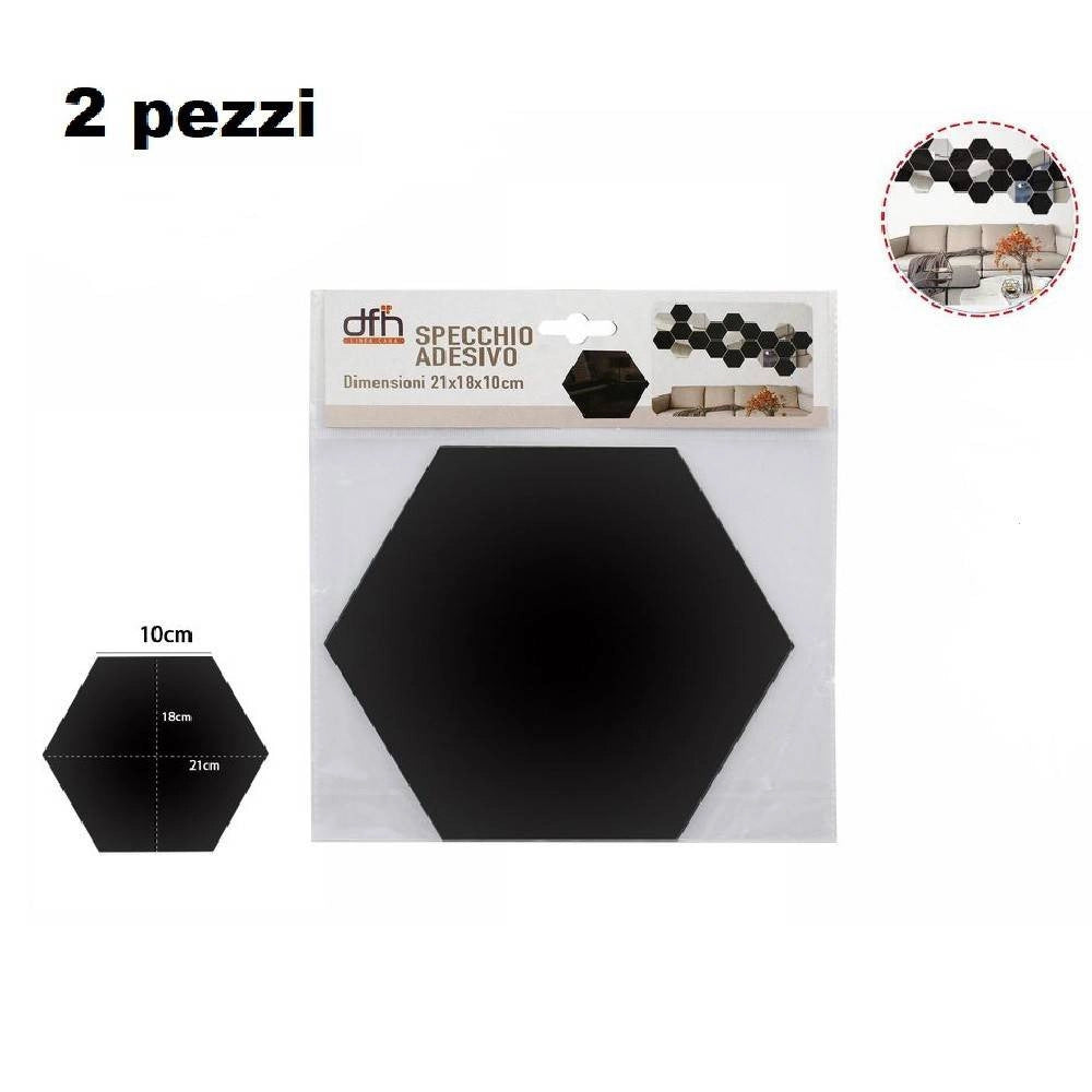 Trade Shop - 2pz Specchio Adesivo Esagonale Adesiva Murale Arredamento Casa 21x18cm 70877 Nero -
