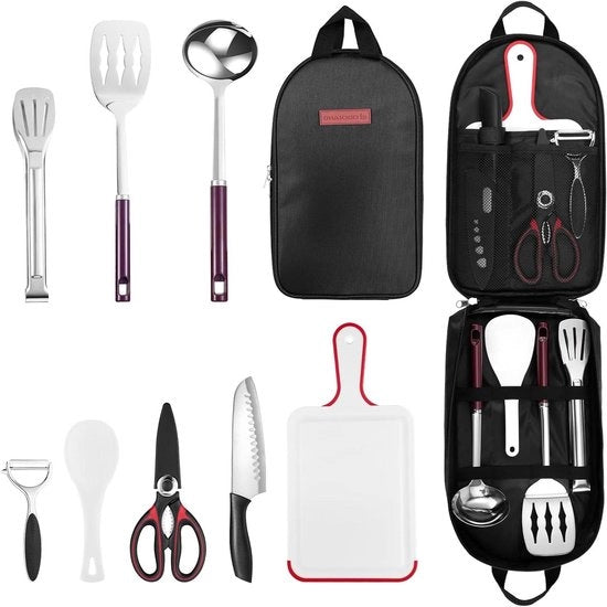 Set di Organizzazione per Cucina da Campeggio con Coltellino Santoku, Raschiatore per Verdure, Spatola, Pinze, Cucchiaio, Tavoliere di Taglio e Coltellino da Parare - Ideale per Picnic, Viaggio, Escursioni e Giardinaggio