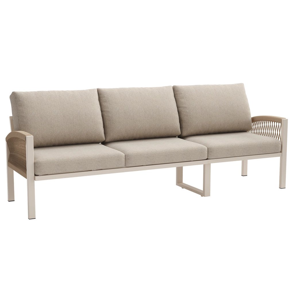 Sofa da giardino intrecciato a mano per 7 persone - Zephmum - Telaio in ferro robusto, imbottitura beige, completo con tavolo e 2 sedie