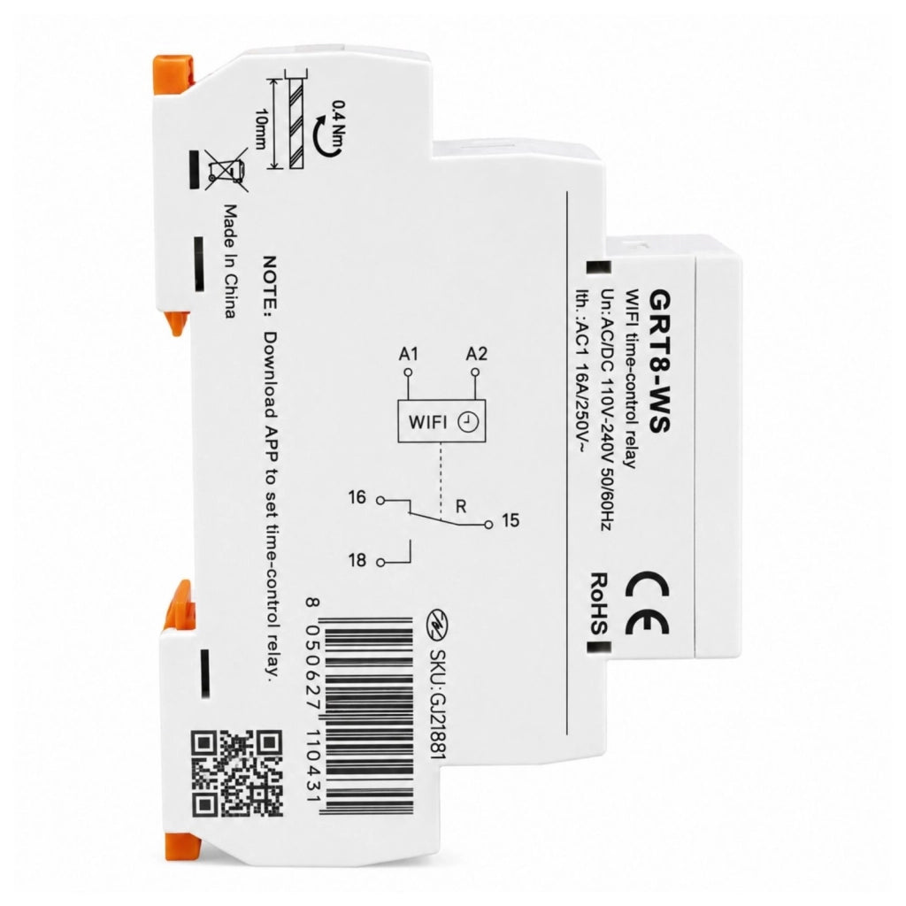 Relè Temporizzato WIFI Modulare, 220V 16A, Timer Temporizzatore Smart Tuya, 1 Modulo Barra DIN, 1 contatto SPDT, Comando App e Manuale