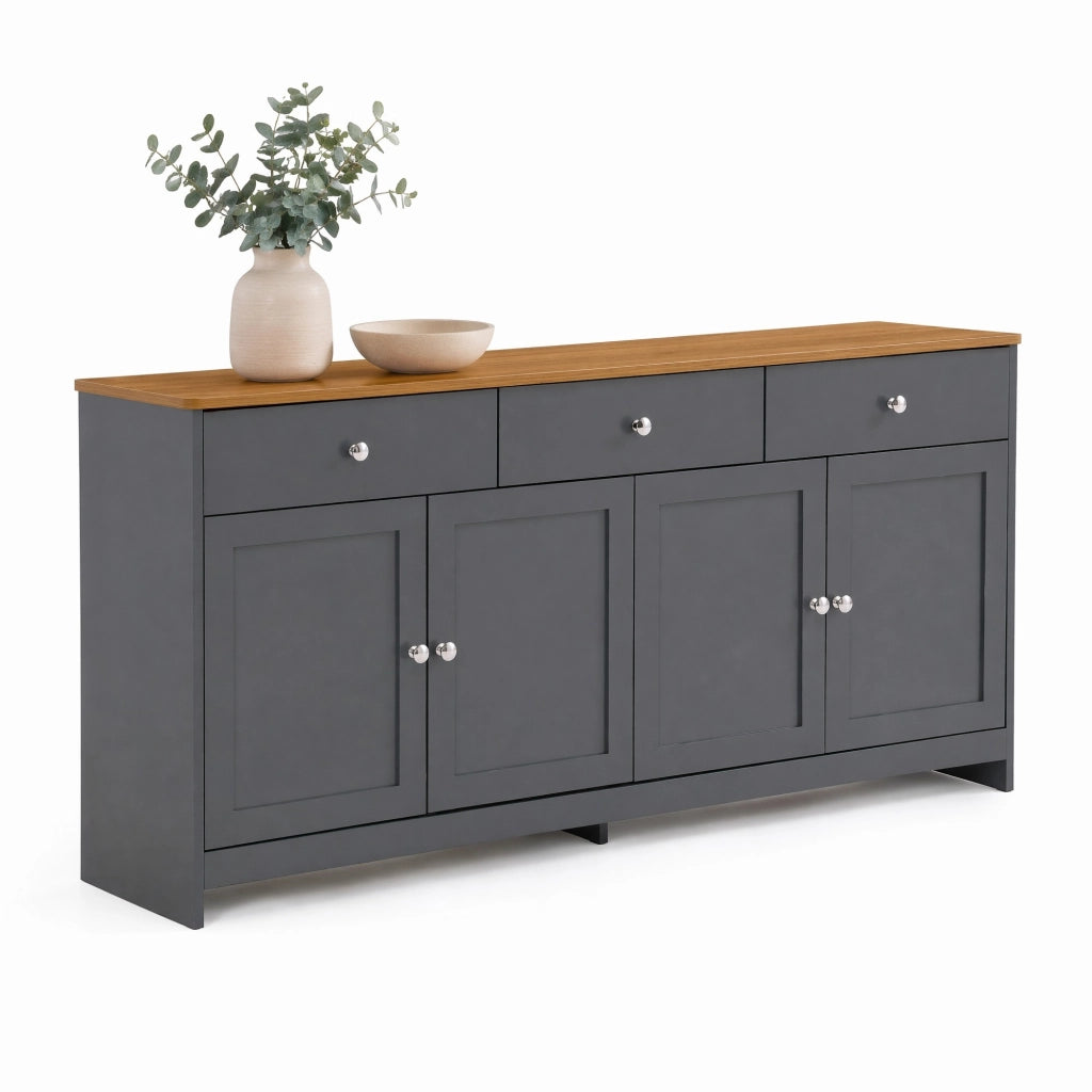 Credenza rustica a 4 ante e 3 cassetti, 160 cm, colore legno e grigio-nero