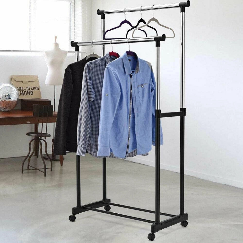 Trade Shop - Stand Appendiabiti Doppio Con Ruote Stender Regolabile In Altezza 80x40x160 Cm -
