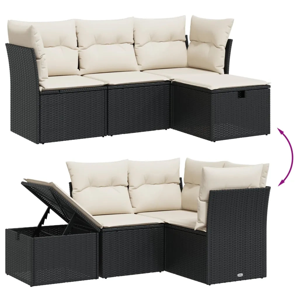 Set Divani da Giardino 4 pz | Set Salotto da Giardino con Cuscini Nero in Polyrattan