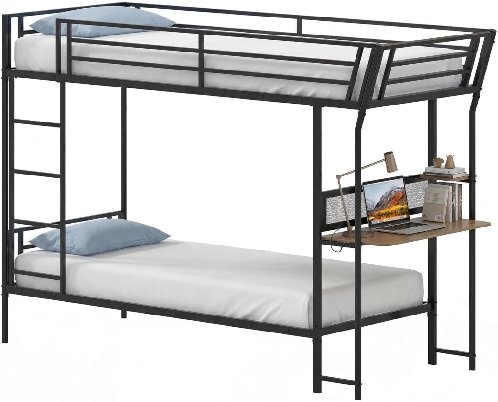 Letto a Castello per Adulti e Bambini, 90 x 200 cm, Struttura di Letto Singolo con Scrivania, con Rete a Doghe in Metallo, Contenitore e Barriera Anticaduta per Camera e Dormitorio, Nero