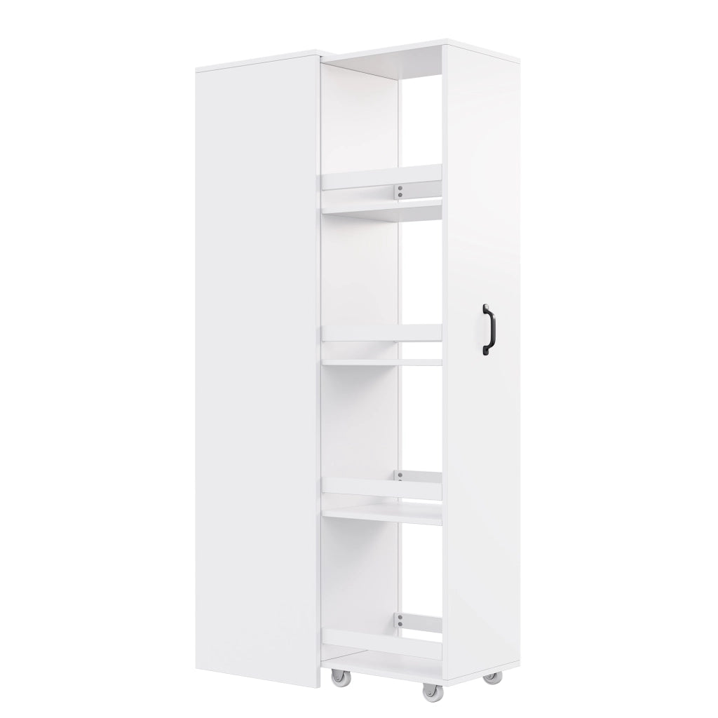 Libreria stretta con ruote e box protettivi; sponde di sicurezza in MDF bianca per libri A4 40 × 30 × 160.5 cm