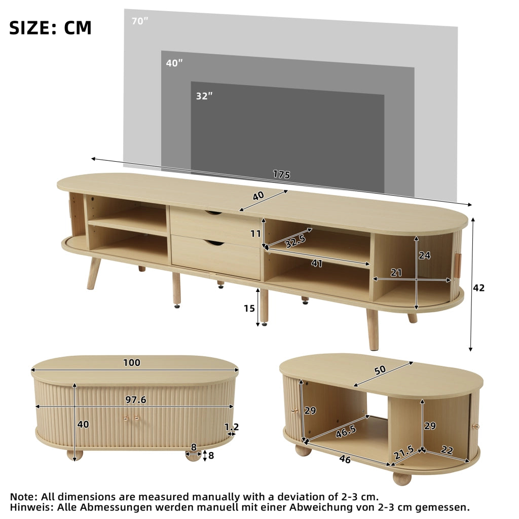 Mobile TV e Tavolino da Soggiorno con Contenitore; Design Ovale; MDF Effetto Legno