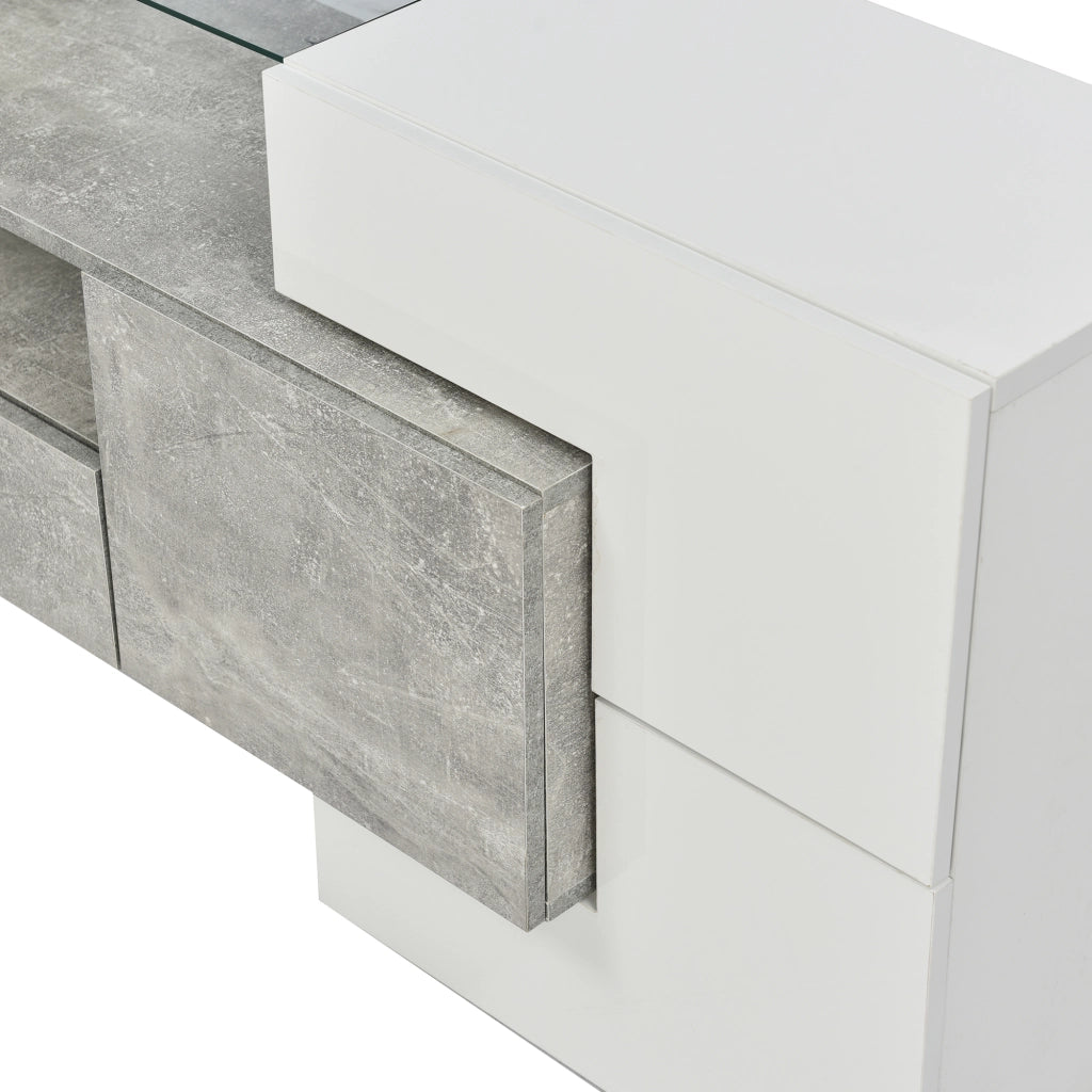 OKWISH Mobile TV con 6 Ante, 2 Cassetti e 3 Vani, LED, MDF, Bianco Lucido e Grigio Cemento, 200 x 35 x 60 cm