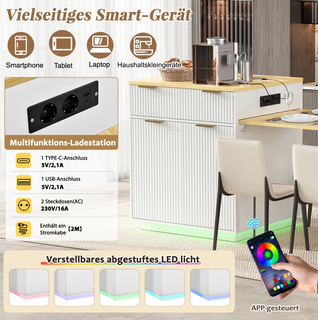Isola cucina con tavolo estraibile, LED e prese USB, bianca