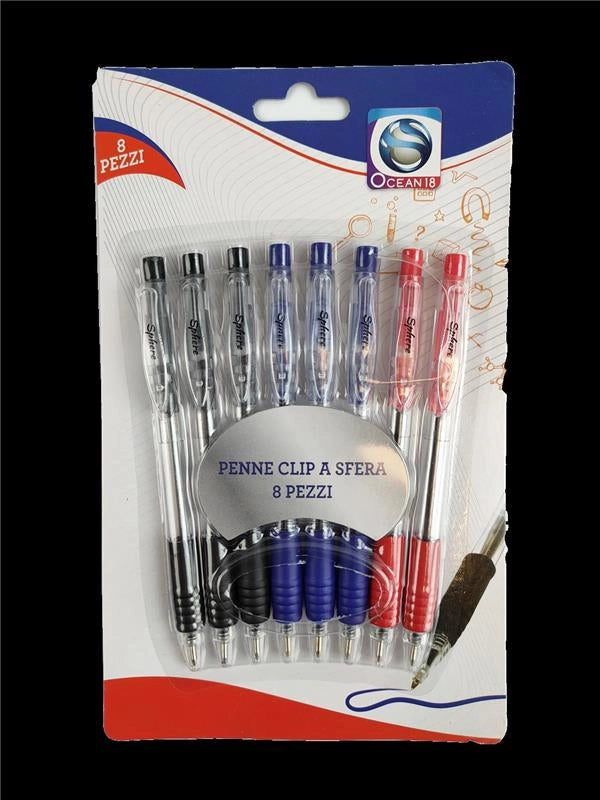 PENNA CLIP A SFERA ROSSA NERA E BLU IN CONEFEZIONE DA 8 PEZZI