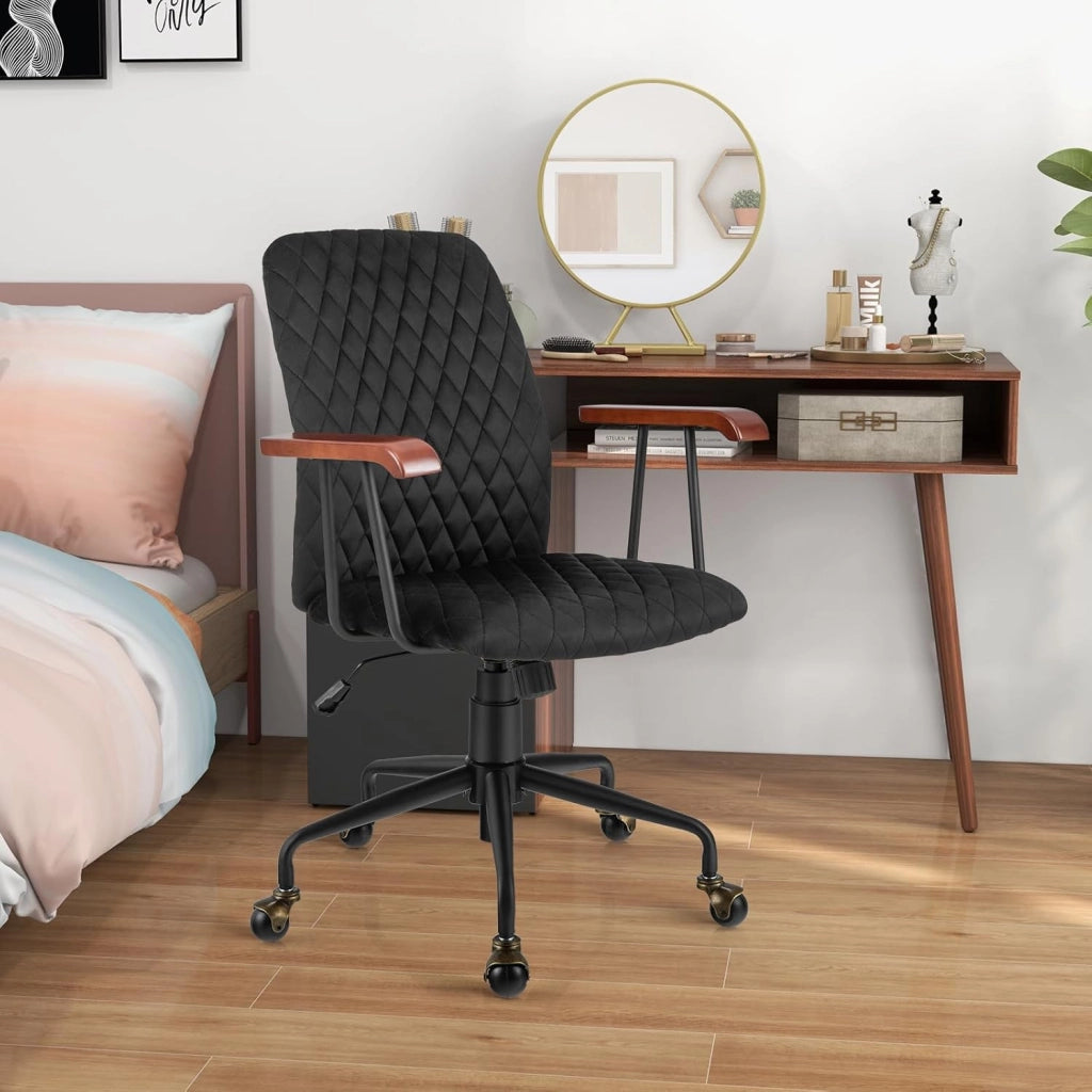Poltrona da ufficio retrò in velluto regolabile in altezza con ruote, sedia da ufficio ergonomica con seduta imbottita e braccioli in legno di gomma, stile vintage, carico 150 kg