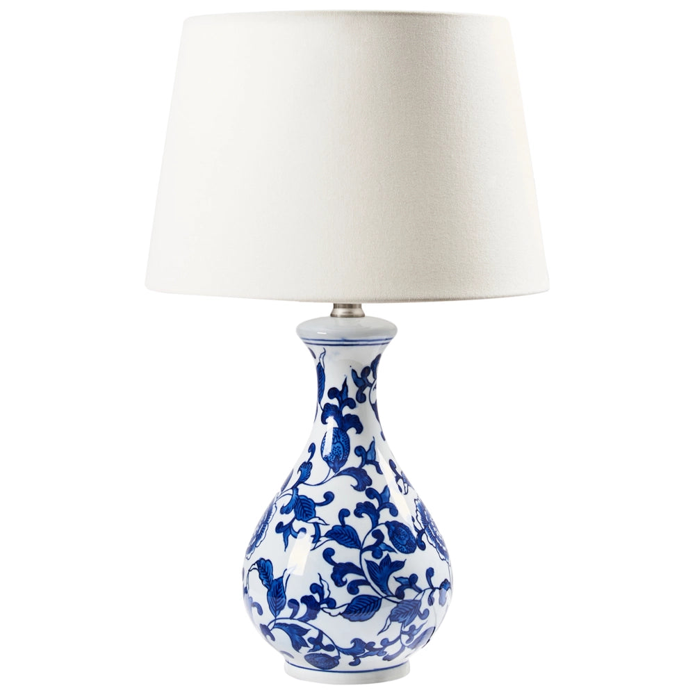 Lampada da tavolo Base in porcellana bianca e blu Paralume a tamburo in lino con patten floreale Illuminazione elegante