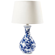 Lampada da tavolo Base in porcellana bianca e blu Paralume a tamburo in lino con patten floreale Illuminazione elegante