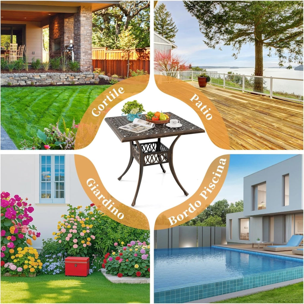 Tavolo da Giardino 80 cm, Tavolo Bistro Quadrato con Foro per Ombrellone da 4,8 cm, Tavolo da Esterno per 4 Persone, Tavolo da Pranzo per Giardino Piscina,Portata 75 kg