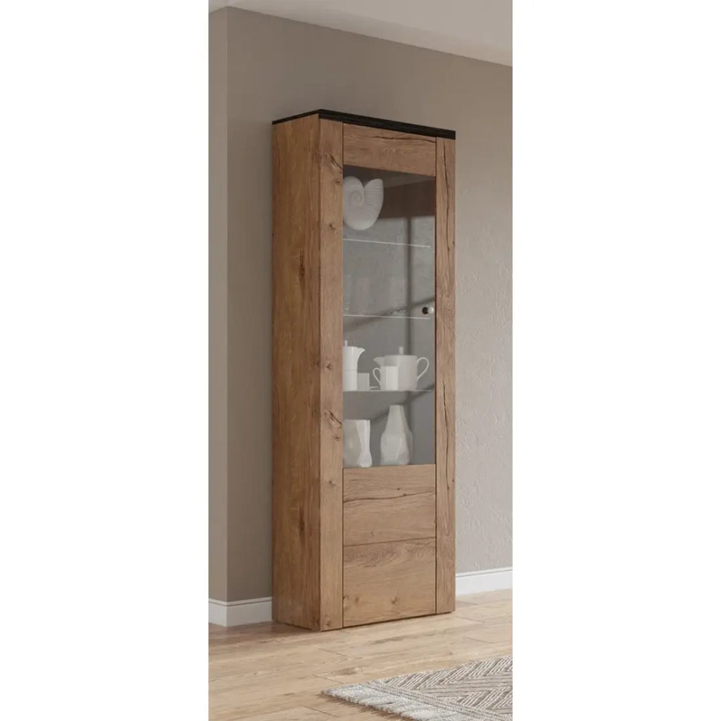 Vetrina alta design 1 porta collezione SANTIAGO. Colori rovere e nero effetto legno.