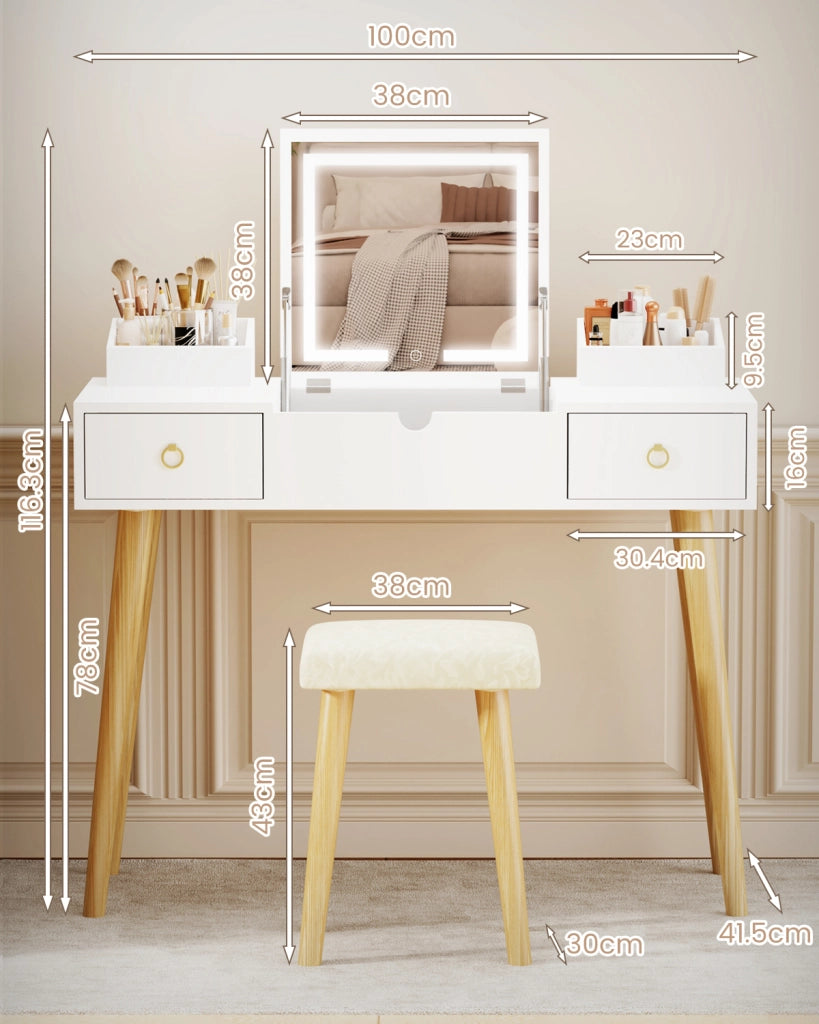 Tavolo da toeletta con specchio a LED,  tavolo da toeletta, tavolo da toeletta con sgabello, tavolo da trucco con luce a 3 colori