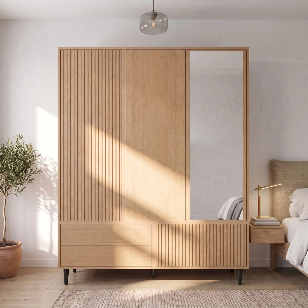 Armadio guardaroba 3 ante con specchio; 135x45x200 cm; 3 cassetti; MDF e acciaio bianco