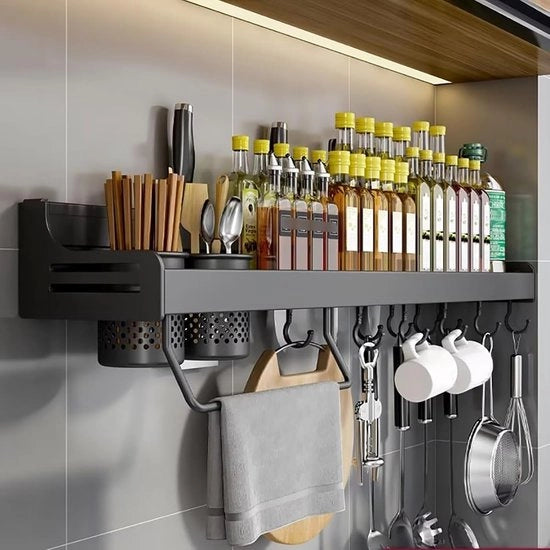 Kruidenrek a muro senza fori - 40 cm, design moderno con ganci e contenitori per accessori