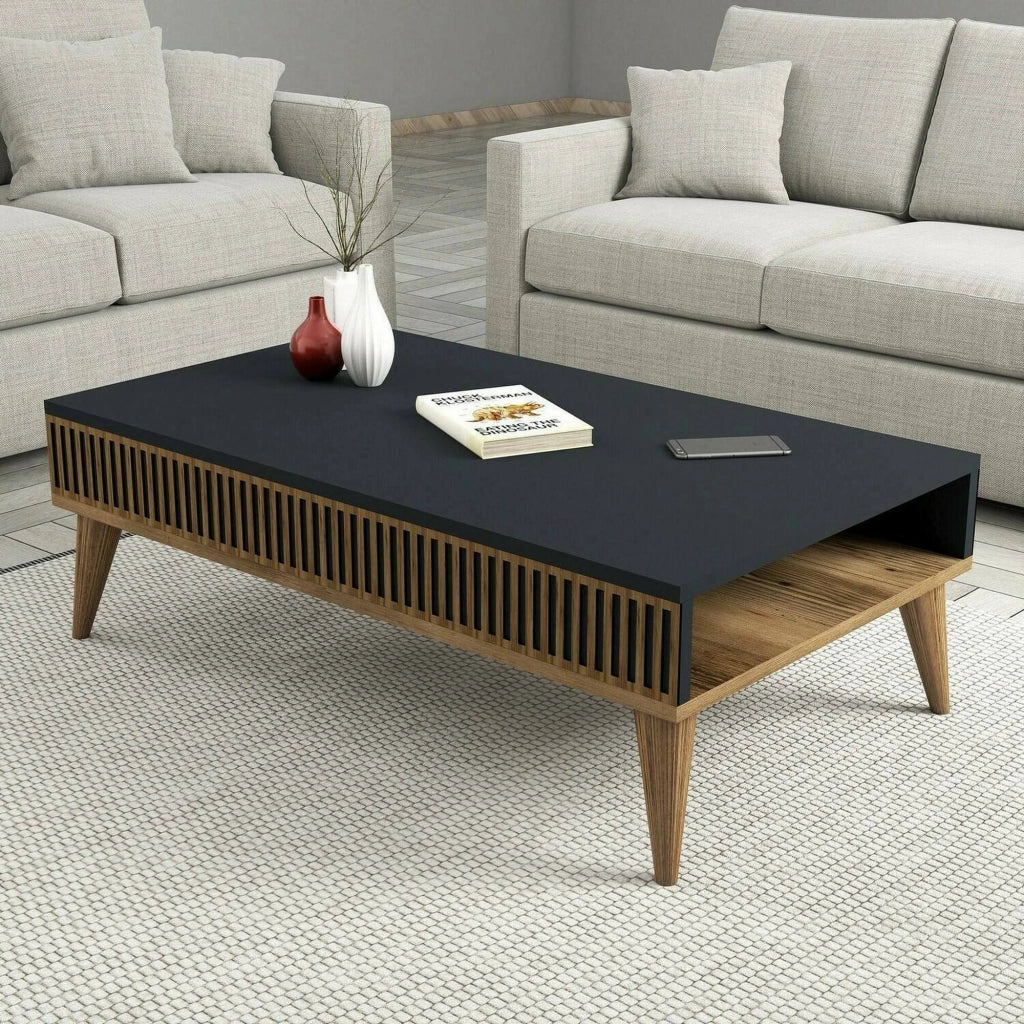 Tavolino da salotto Atrani, Tavolo basso da caffè, Portariviste per divano, Ripiano da soggiorno, 105x60h35 cm, Noce e Antracite