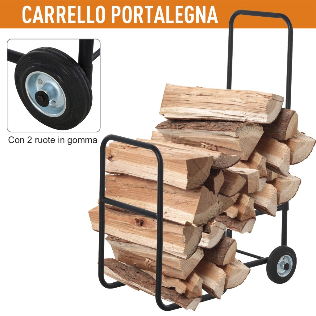 Easycomfort Carrello Portalegna in Metallo Nero con 2 Ruote per Interno ed Esterno, Max. 30kg, 56x40x90.5cm