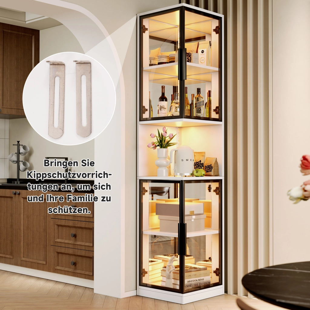 Vetrina LED moderna 205 cm con ante in vetro; schienale a specchio e luce multicolore; bianco