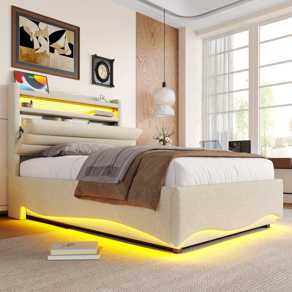 DESMIU Lit coffre 90 × 200 cm 1 posto con LED, USB e Type-C, contenitore idraulico, senza materasso, in lino beige