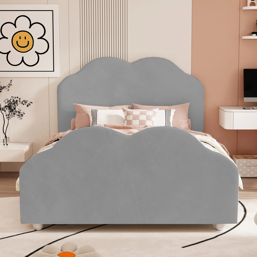 DESMIU Letto per bambini 1 posto con barriera, testiera e pediera a nuvola, 90 × 200 cm, senza materasso, grigio