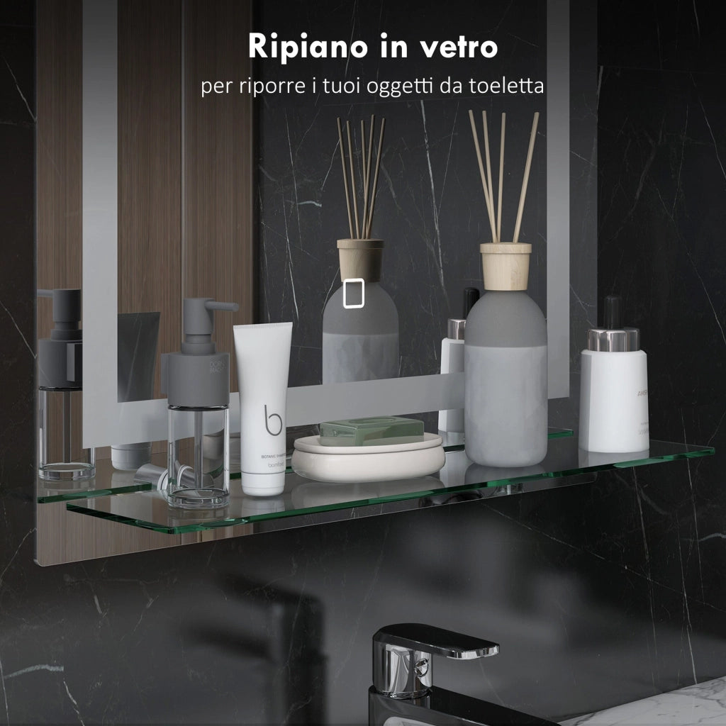 Specchio Bagno a Parete Cornice Luce LED a 3 Colori Mensola in Vetro 50x12x70 cm
