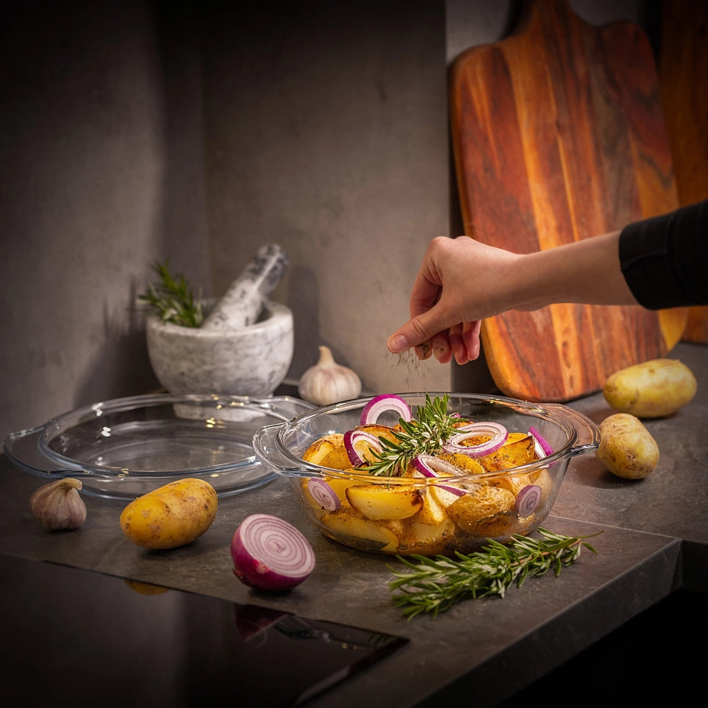 KADAX Piccola pirofila da forno con coperchio, 2,4 L, rotonda in vetro