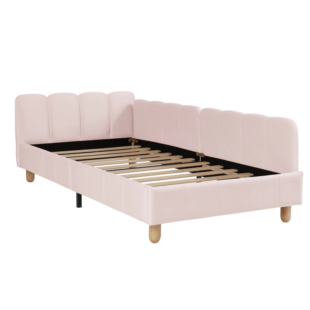 Letto singolo imbottito per bambini 90x200 cm in velluto rosa con testiera ergonomica