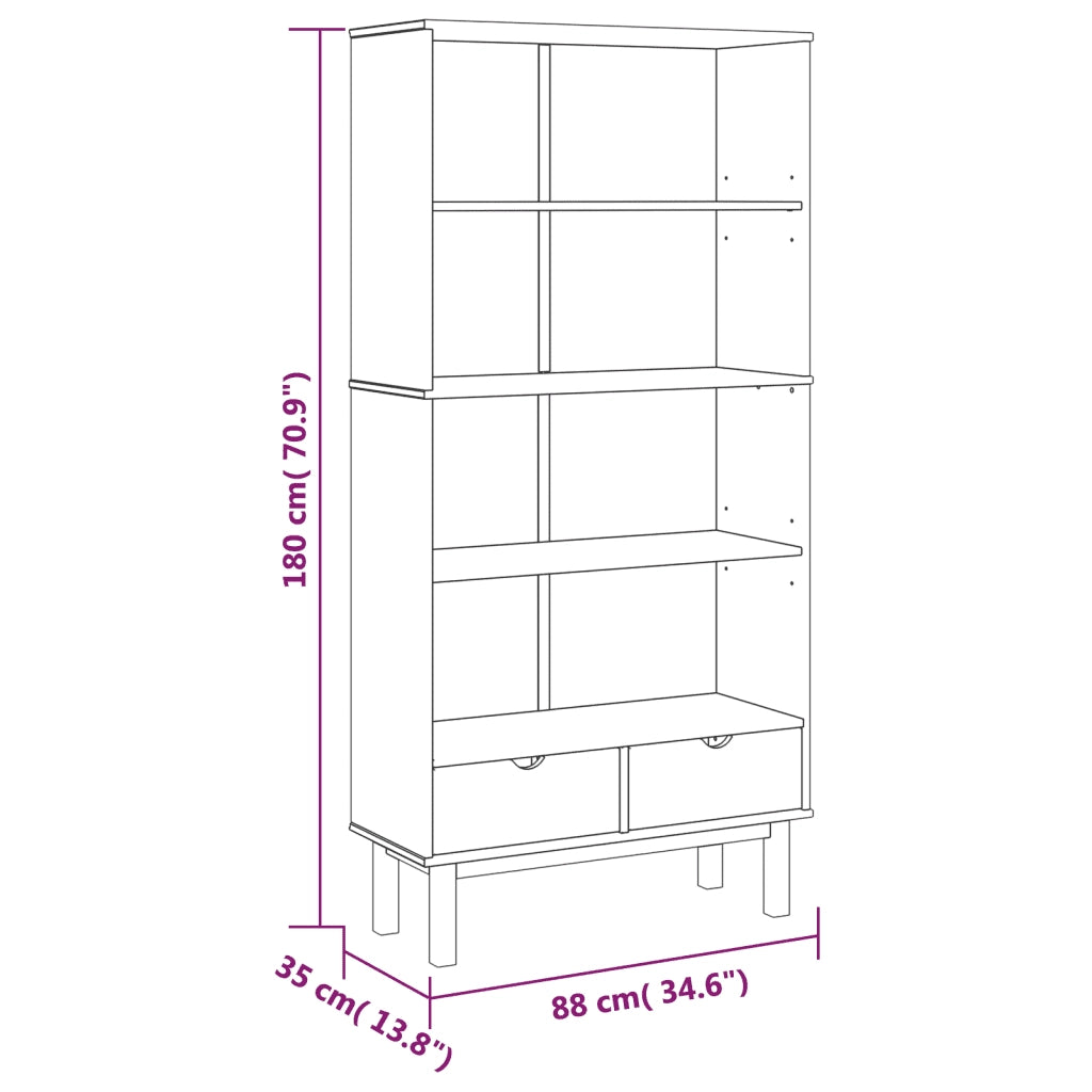 Libreria-Scaffale per Libri-Mobile di Stoccaggio OTTA con 2 Cassetti Marrone in Legno Massello di Pino