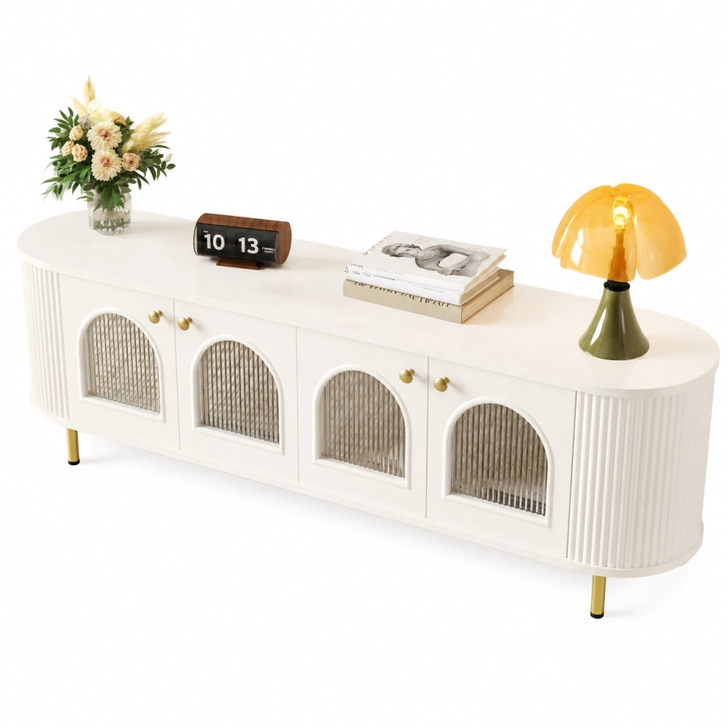 Mobile TV 170x35x55 cm; ante in vetro e passacavi; MDF bianco oro