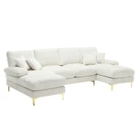 Divano componibile moderno grande in Chenille a forma di U, con Doppi Sedili Reclinabili,  Beige