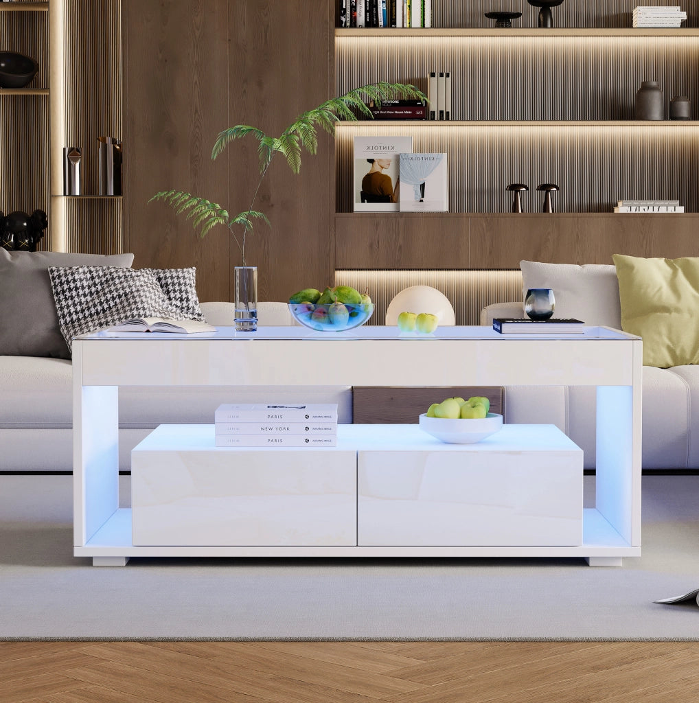 Tavolino da caffè LED bianco 100x50x40 cm con 2 cassetti