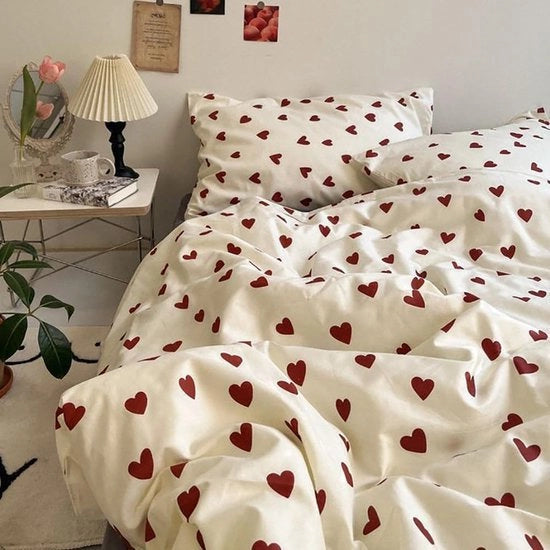 Set di coperte a 4 pezzi, 135 x 200 cm, cuore rosso e bianco, set di 2 coperte, microfibra estetica, cuori rossi, set di coperte e 2 cuscini con copri cuscino 80 x 80 cm con chiusura a zip