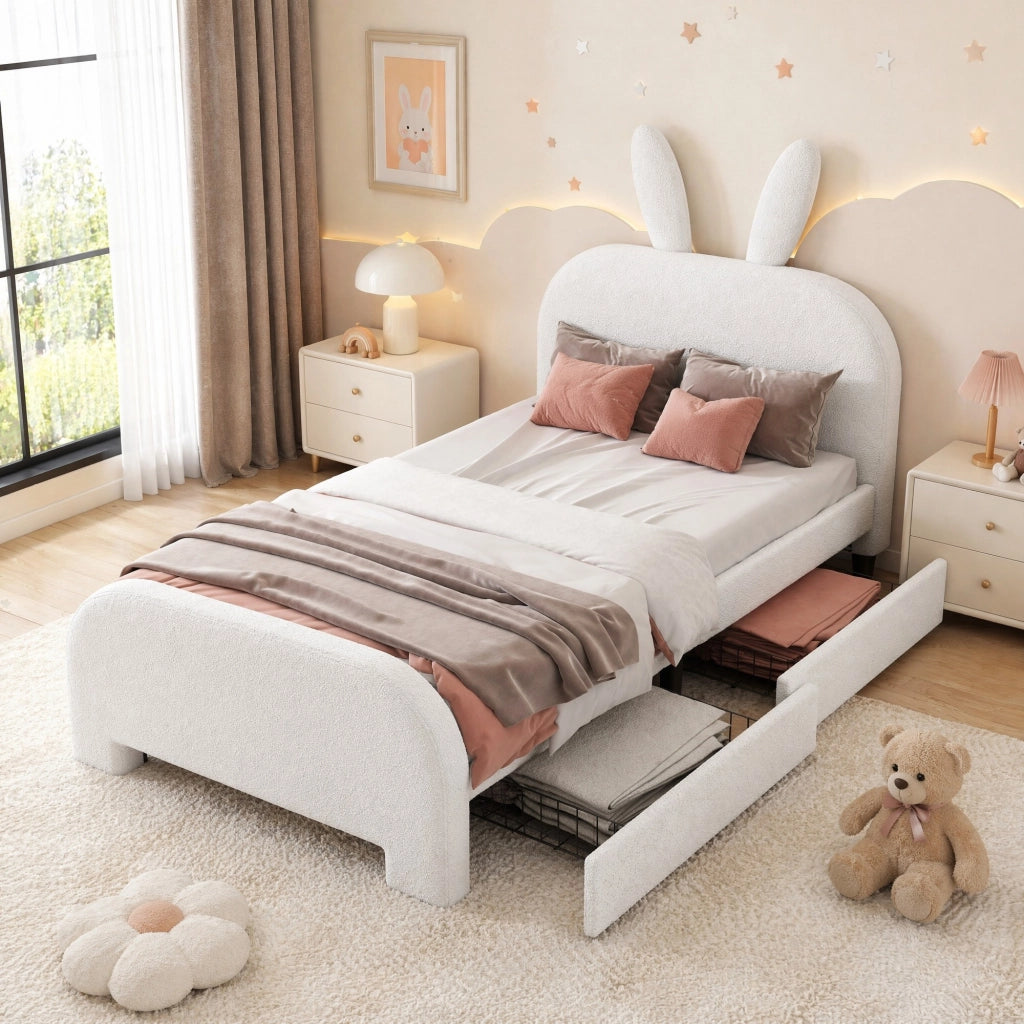 Letto per bambini 90x200 cm imbottito con testiera a forma di coniglio; 2 cassetti; bianco