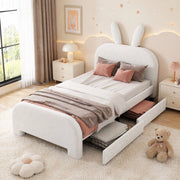 Letto per bambini 90x200 cm imbottito con testiera a forma di coniglio; 2 cassetti; bianco
