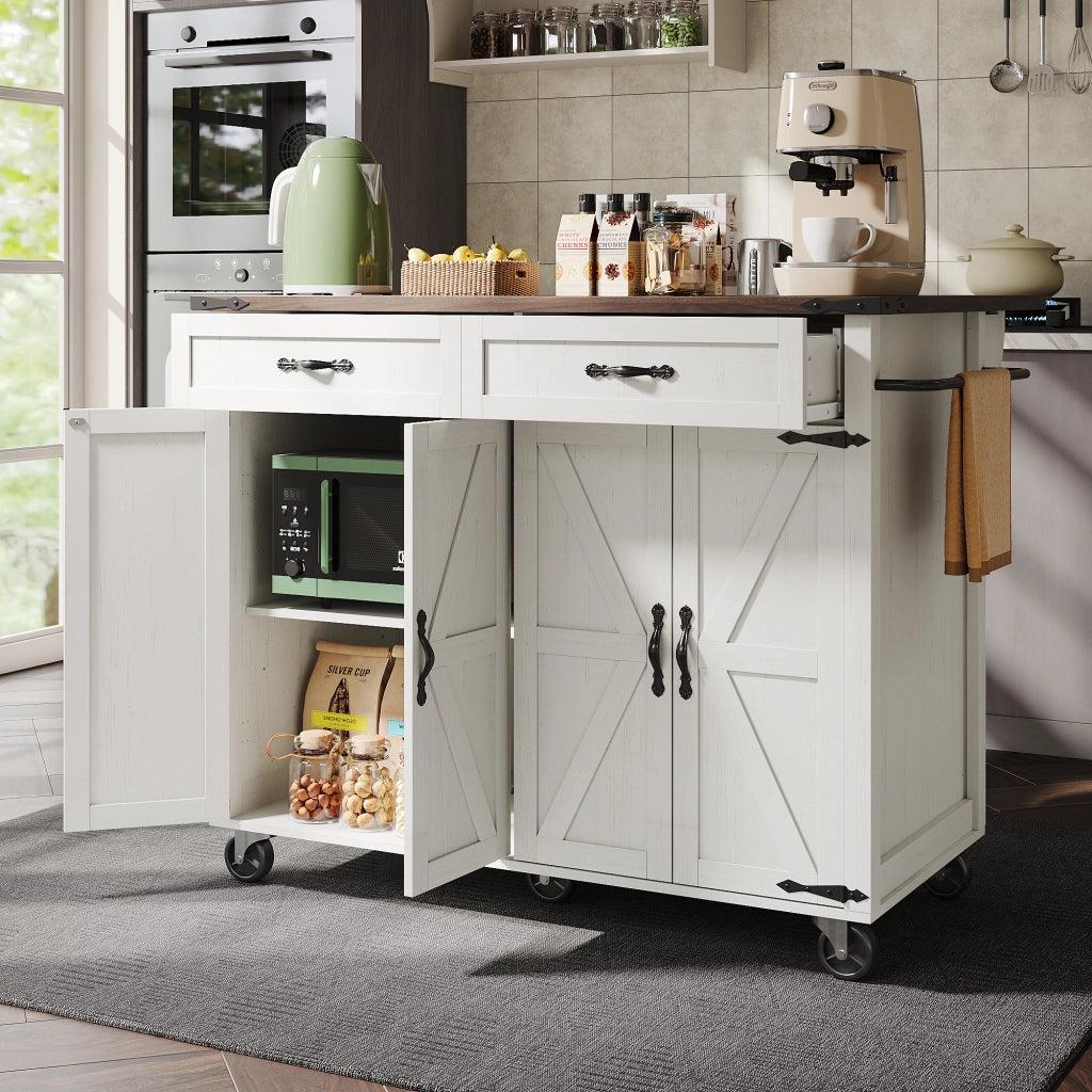 OKWISH Isola da Cucina con 4 Ante e 2 Cassetti, Piano Pieghevole, Portasciugamani e Ruote, per Cucina, MDF, Bianco