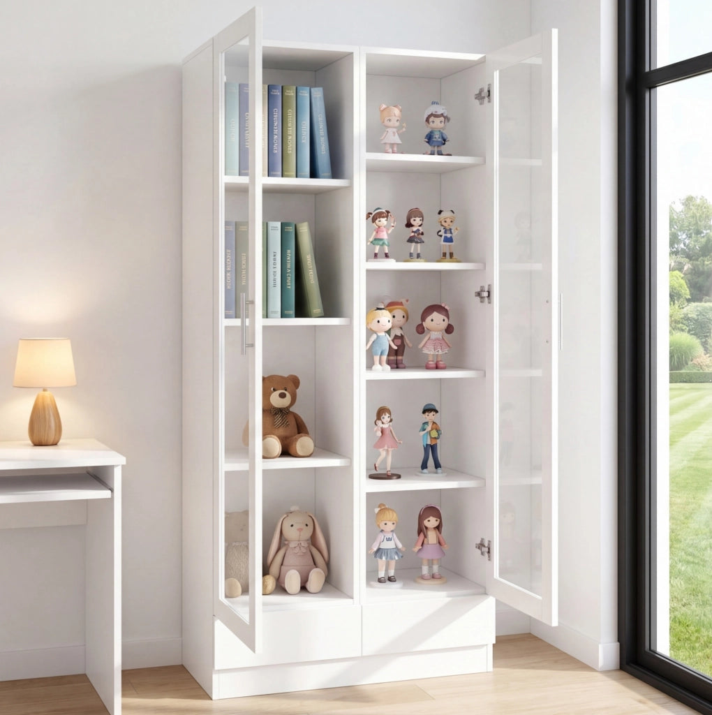 Mobile vetrina alto con 2 cassetti; 4 ripiani a sinistra e 5 a destra; 160x40x80 cm; bianco