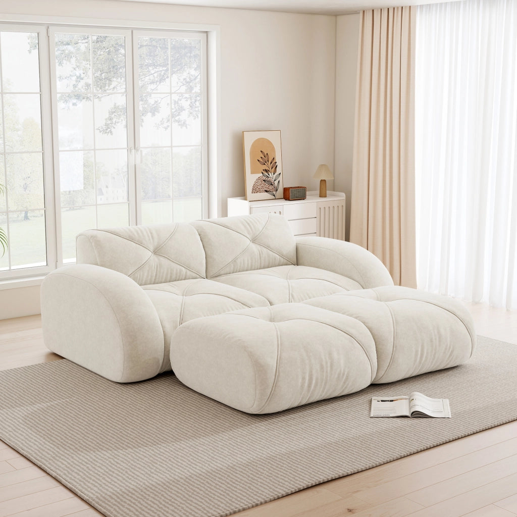 Divano modulare 2 posti senza struttura con due pouf in ciniglia beige chiaro per soggiorno e relax quotidiano