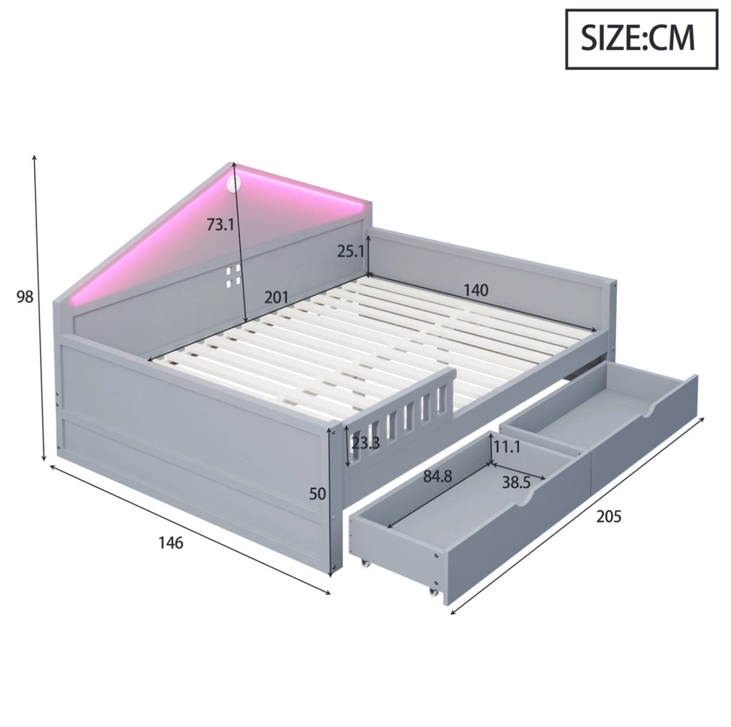 Letto multifunzione 140x200 cm grigio con LED e 2 cassetti