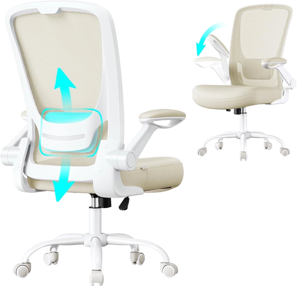 SONGMICS Sedia da Ufficio Girevole, Sedia di Rete da Computer Ergonomica, Supporto Lombare, Oscillante, Seduta 53 cm, Braccioli Pieghevoli, Bianco e Nero OBN37WT