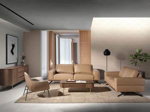 Poltrona in tessuto crema ed ecopelle marrone