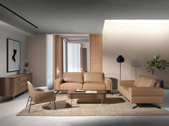 Poltrona in tessuto crema ed ecopelle marrone