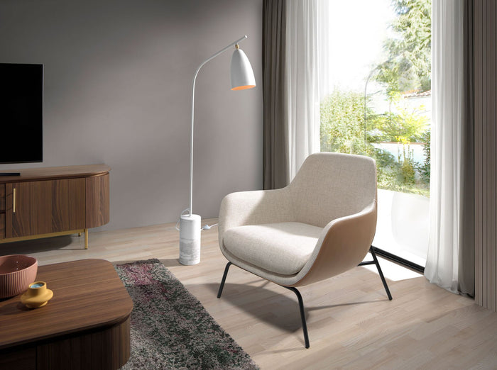 Poltrona in tessuto crema ed ecopelle marrone