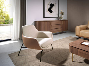 Poltrona in tessuto crema ed ecopelle marrone