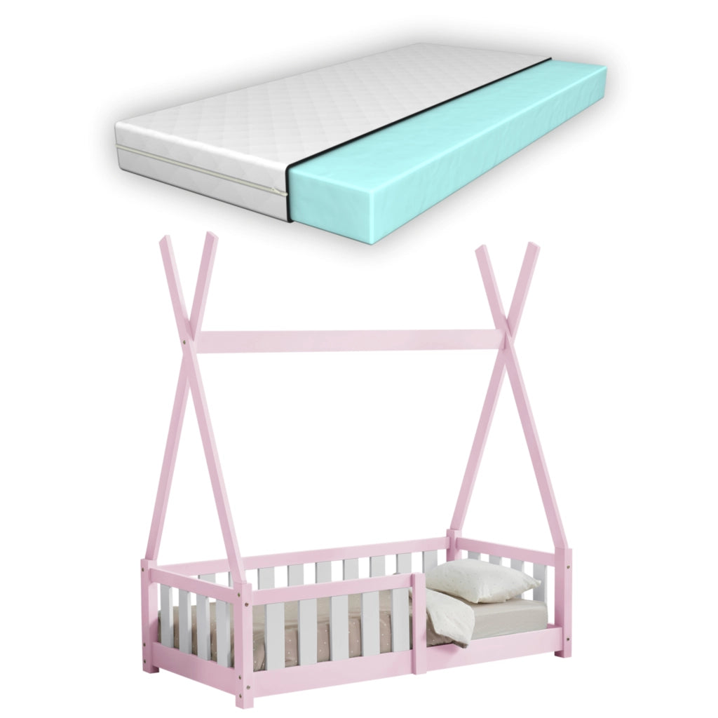 Letto a Capanna Helsingborg con Sponde e Materasso 70 x 140 cm Rosa [en.casa]