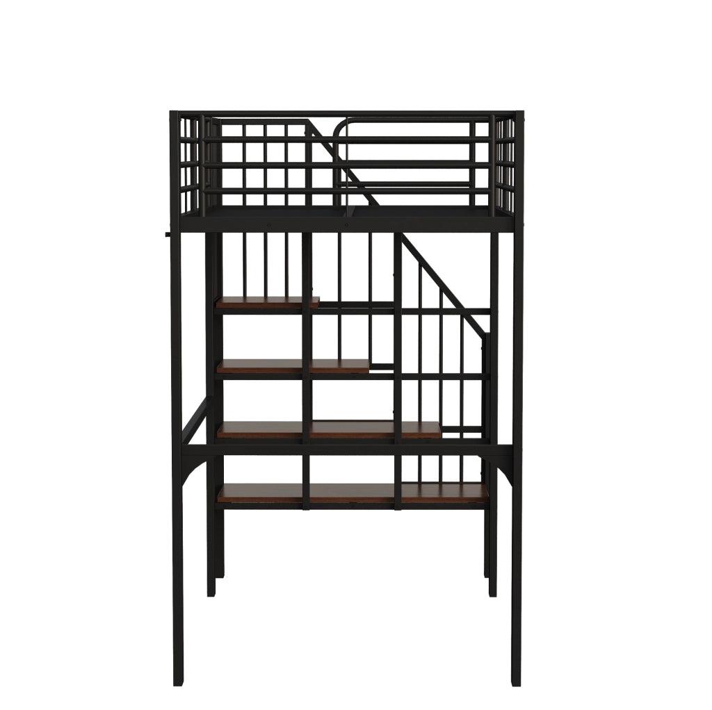 Letto a soppalco 90x200 cm con scala e spazio contenitore in metallo nero